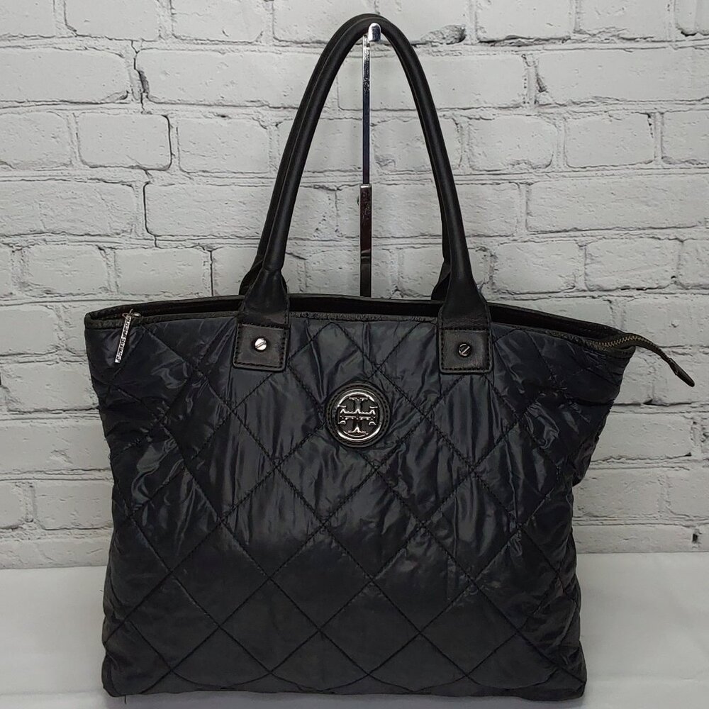 TORY BURCH TOTE BAG LEATHER & NYLON NAVY BLUE DOUBLE SHOULDER STRAPS - Picture 5 of 14